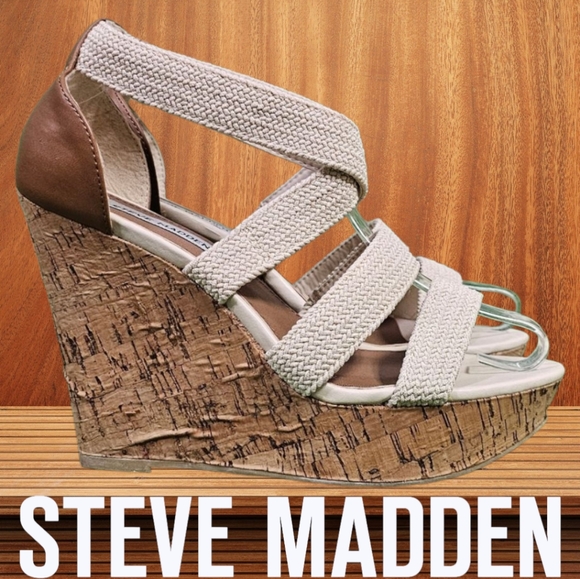 STEVE MADDEN | CAMDYN BRAIDED COTTON CANVAS STRAPPY PLATFORM CORK WEDGES - Picture 1 of 16